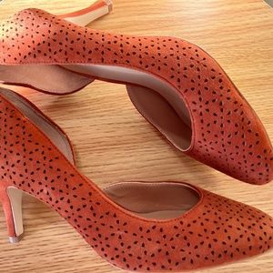 Anthropologie rust red floral cut suede heels. Size 8 (38) Excellent used cond.